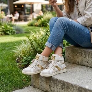 Michael Kors Womens High Top Sneakers White Gold Metallic Buckle 6.5M AP13B